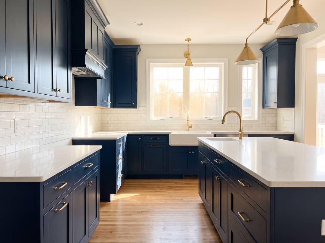 Kitchen cabinet doors freshly painted navy blue